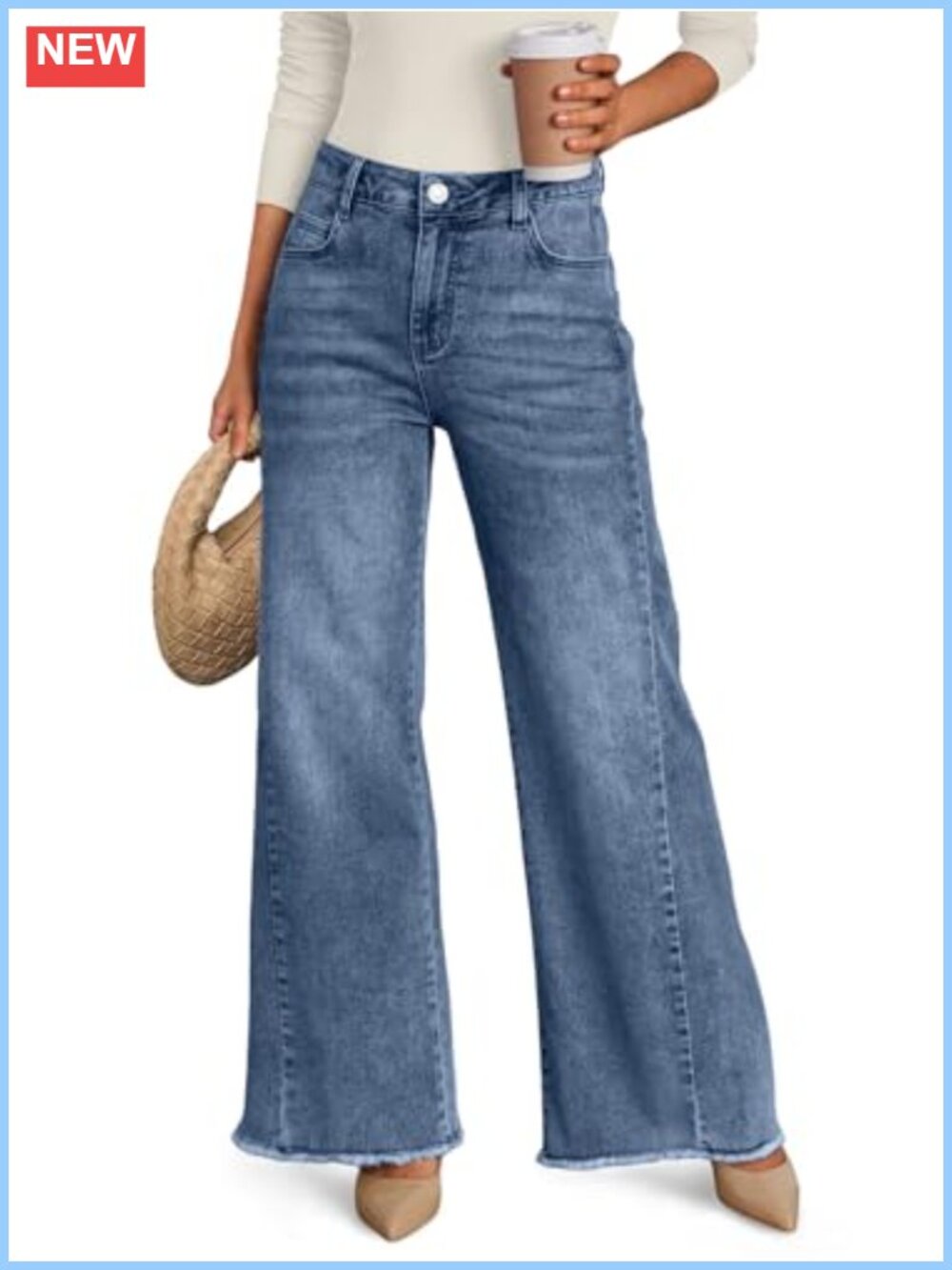 Women's Wide Leg Jeans Relaxed Loose Raw Hem Stretch Denim